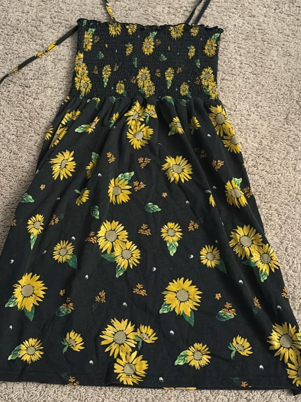 Sunflower Print Black Smocked Sundress with Spaghetti Straps